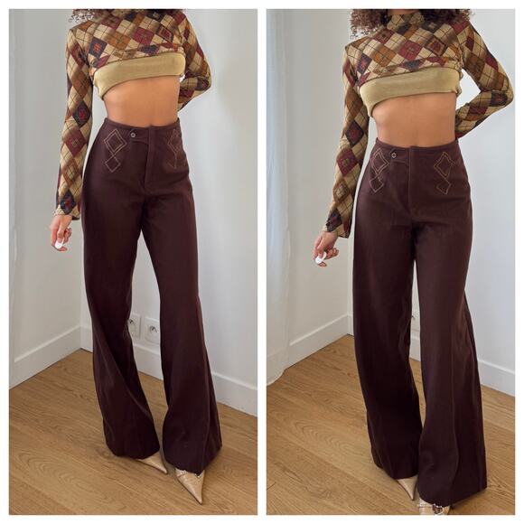 Vintage Italian chocolate brown wide-leg trousers with embroidered details (S/M) - Picture 7 of 10